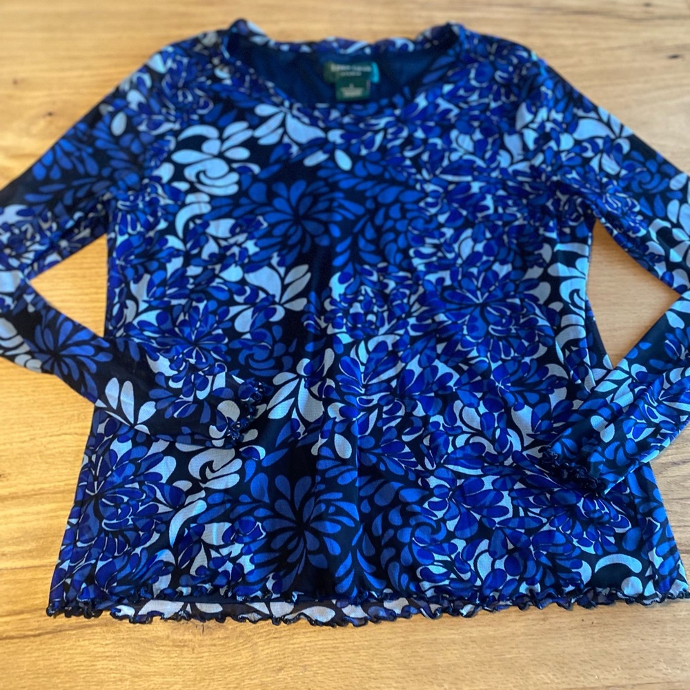 Lemon Grass Floral Lined Mesh Long Sleeve‎ Round Neck Top Blue Women’s Large pre